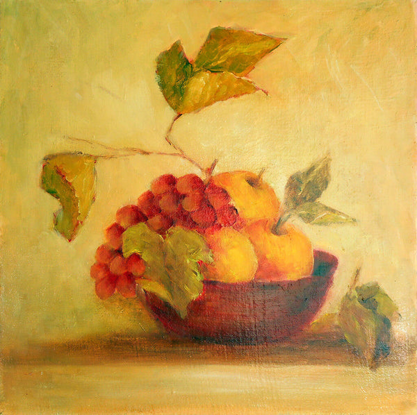 Red bowl with grapes and apples - oil on canvas 14" x 14"