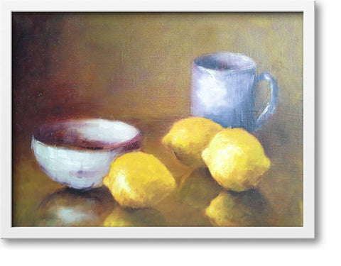 Lemons with blue cup and white bowl - oil on canvas, 8" x 10", sold without a frame