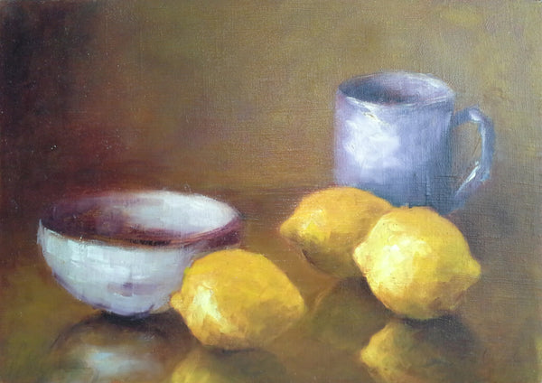 Lemons with blue cup and white bowl - oil on canvas, 8" x 10", detail