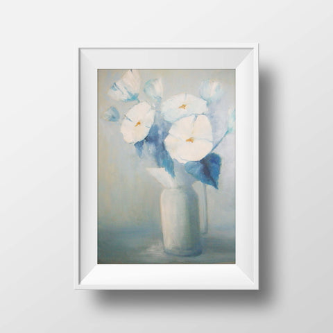 White flowers in a white vase - oil on canvas, 16" x 20", sold without a frame