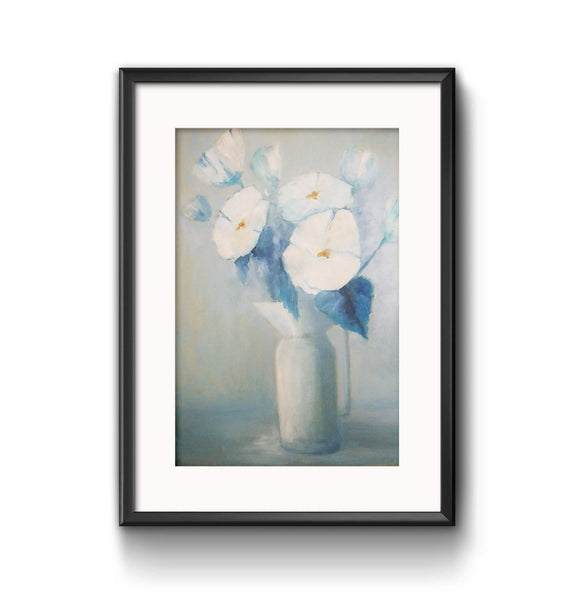White flowers in a white vase - oil on canvas, 16" x 20", sold without a frame