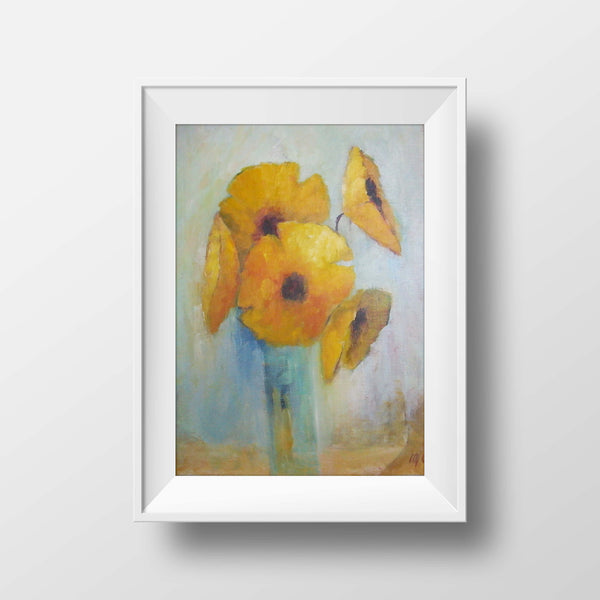 Yellow flowers in a blue vase - oil on canvas, 14" x 18", sold without a frame