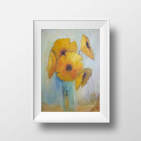 Yellow flowers in a blue vase - oil on canvas, 14" x 18", sold without a frame